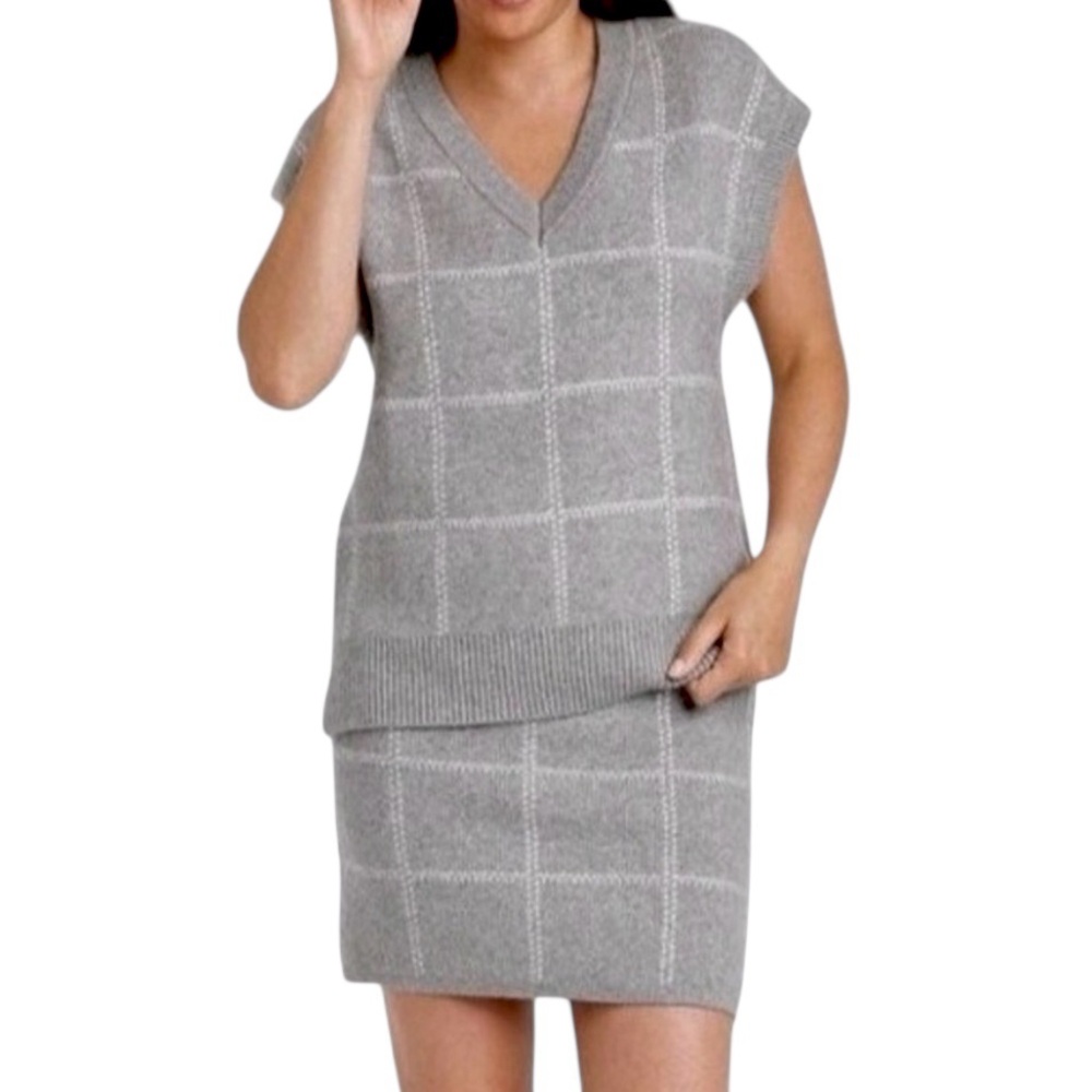 A New Day Gray Windowpane Plaid Knit Mini Skirt & Sweater Vest Matching Set L/XL